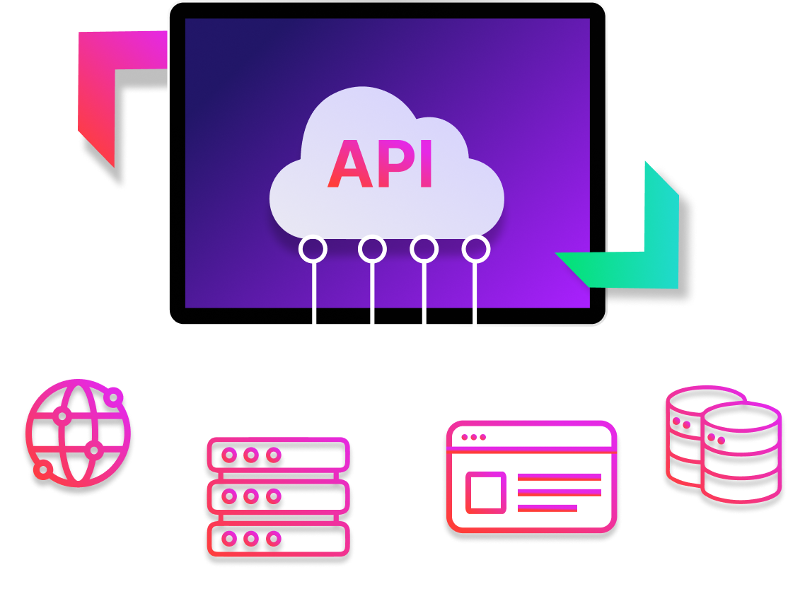 แผนภาพแสดงการเชื่อมต่อระบบ System Integration ระหว่างอินเทอร์เน็ต เว็บเซิร์ฟเวอร์ เว็บแอป และฐานข้อมูลผ่าน API ที่แสดงบนจอคอมพิวเตอร์