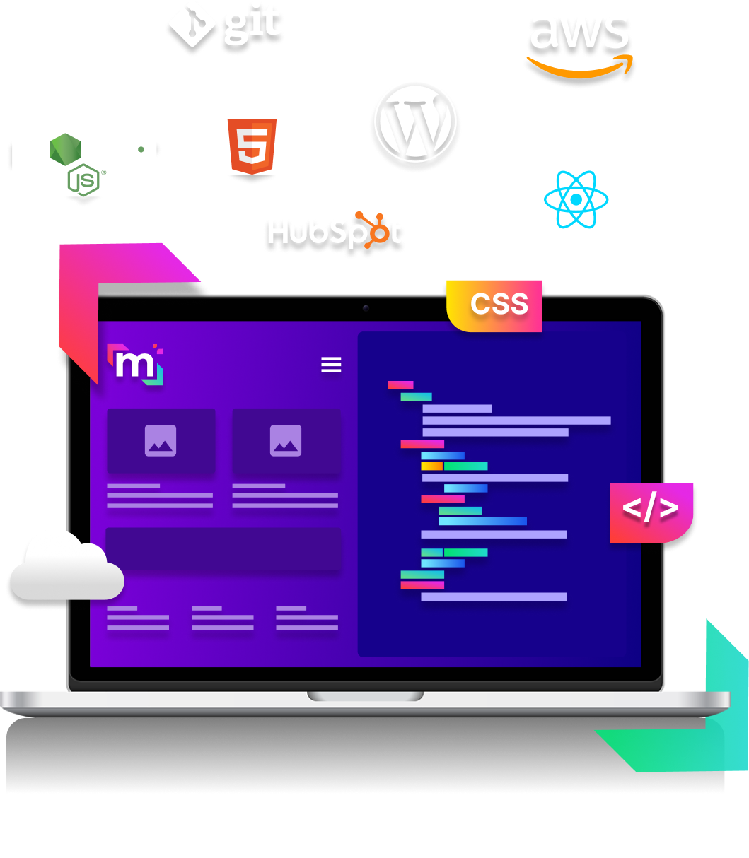 การพัฒนาเว็บไซต์โดยใช้เครื่องมือเขียนโปรแกรมที่หลากหลาย เช่น Node, HubSpot, WordPress, React, HTML และอื่น ๆ