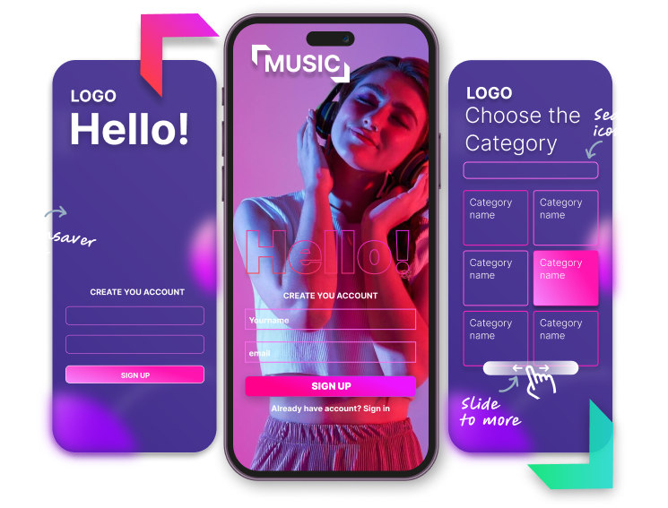graphical representation of a music app interface displayed on three smartphone screens. shows a sign-up page, Various UI elements like buttons and text fields are visible for user interaction during account creation.